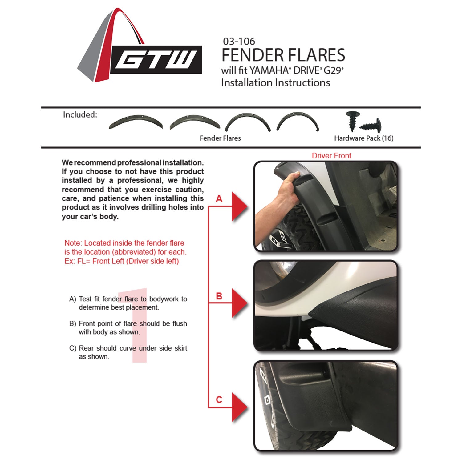 GTW® Fender Flare Set - Years Yamaha (Models G29/Drive)