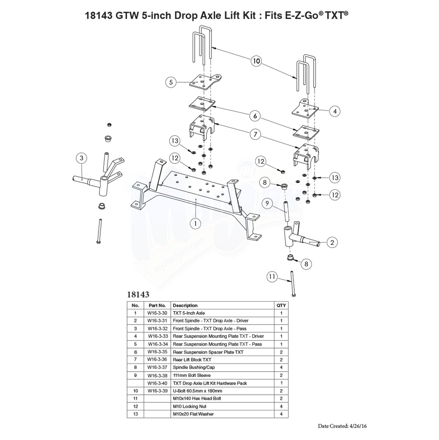 EZGO TXT GTW 5" Drop Axle Lift Kit (Years 2001-2013)