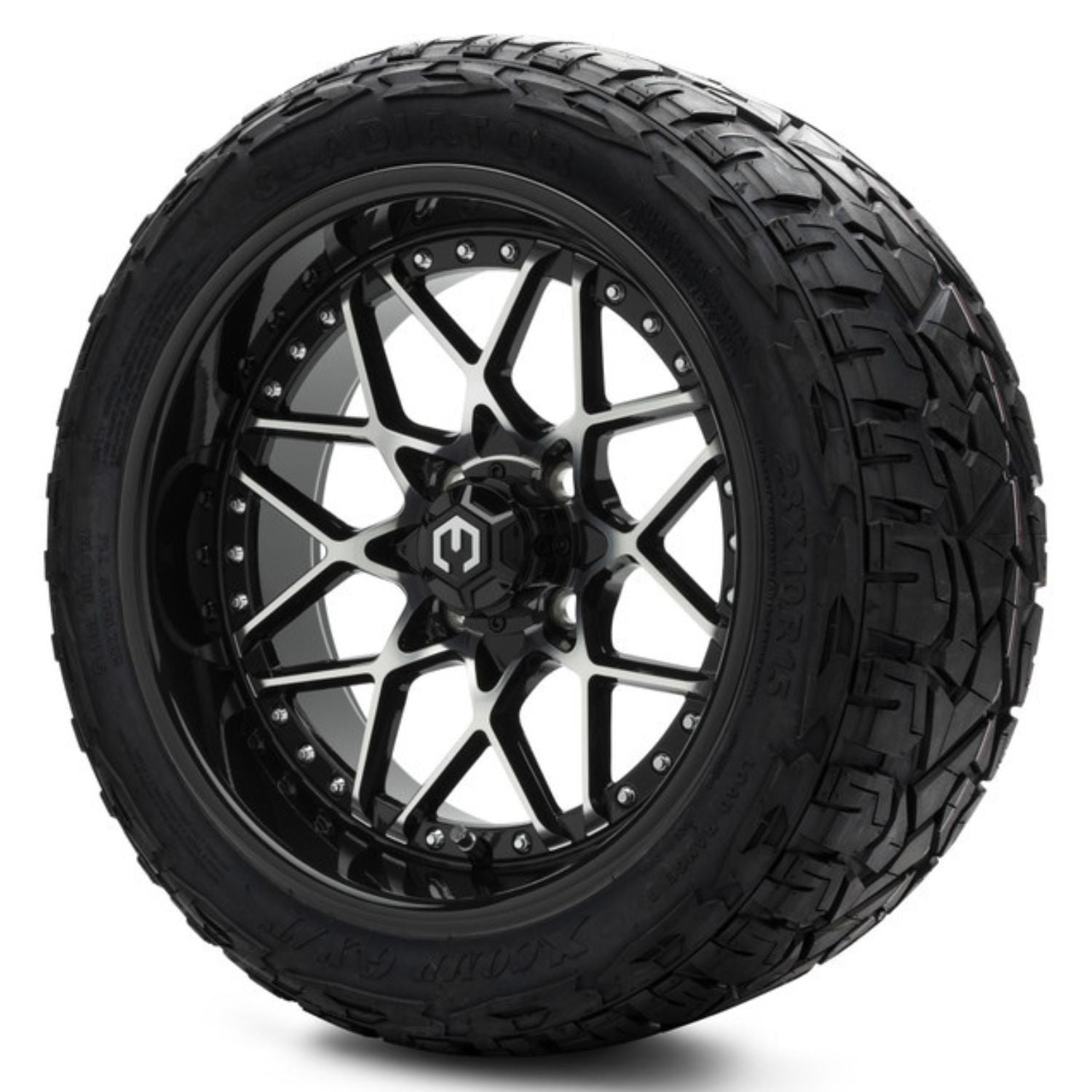 MODZ® 15" Formula Machined Black Wheels & Off-Road Tires Combo (Xcomp Gladiator Steel Belted Radial 23x10-15)