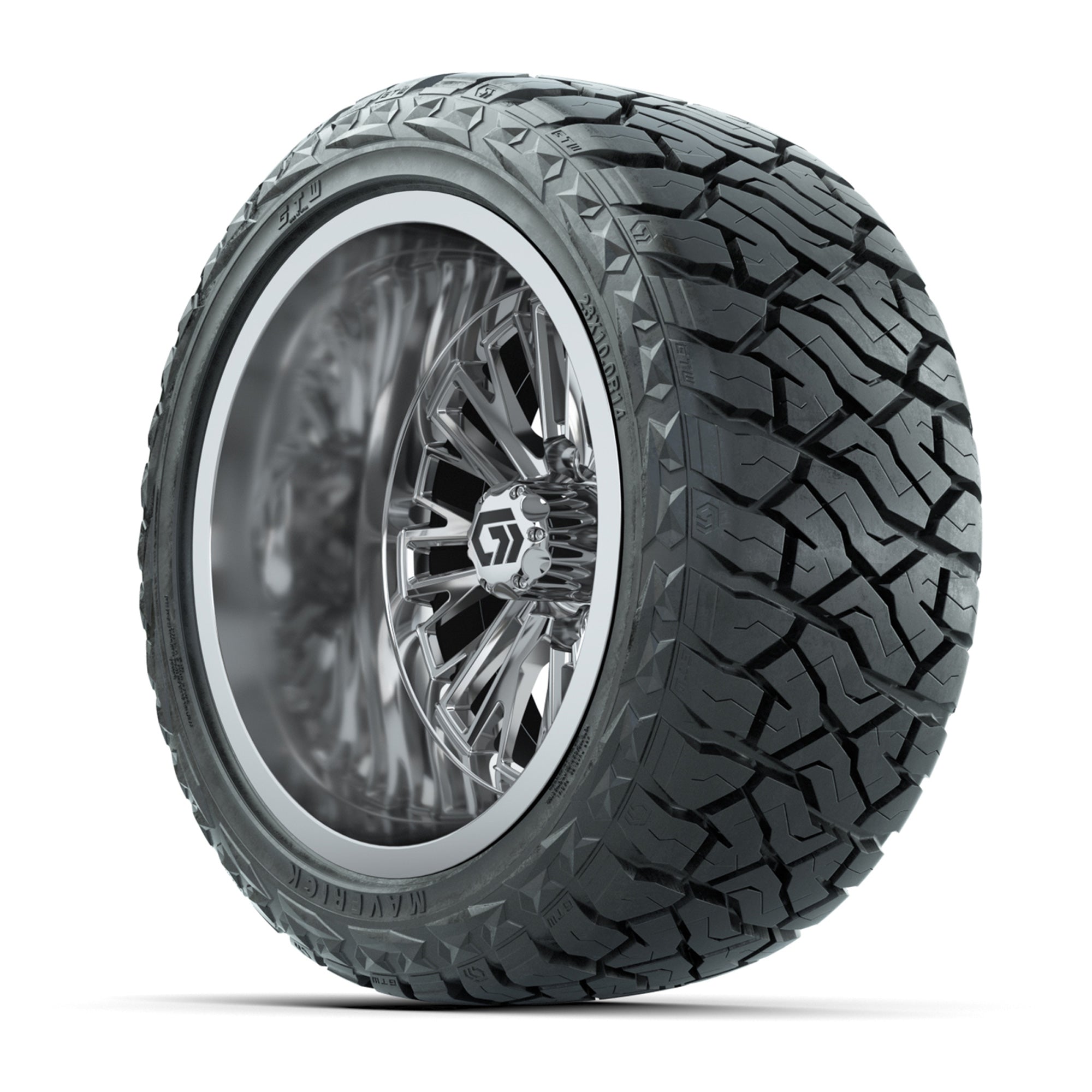 GTW Viper Chrome 14 in Wheels with 23X10-R14 Maverick Steel Belted Radial All-Terrain Tires – Full Set