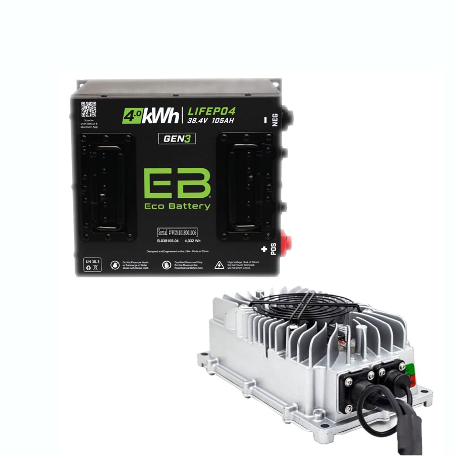 38V 105AH Eco LifePo4 Lithium Battery Kit with 15A Charger - Cube Style Battery