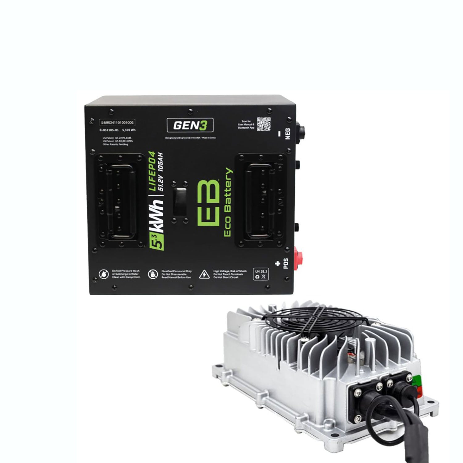 51V 105AH Eco LifePo4 Lithium Battery Kit with 15A Charger - Thru Hole Style Battery