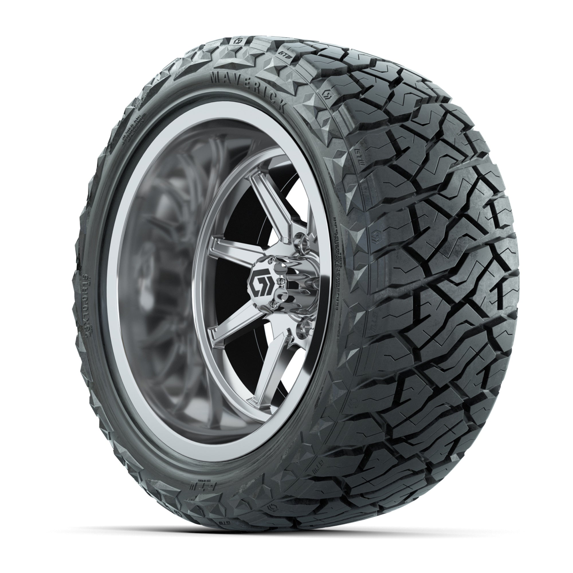 GTW Reaper Chrome 15 in Wheels with 23X10-R15 Maverick Steel Belted Radial All-Terrain Tires – Full Set