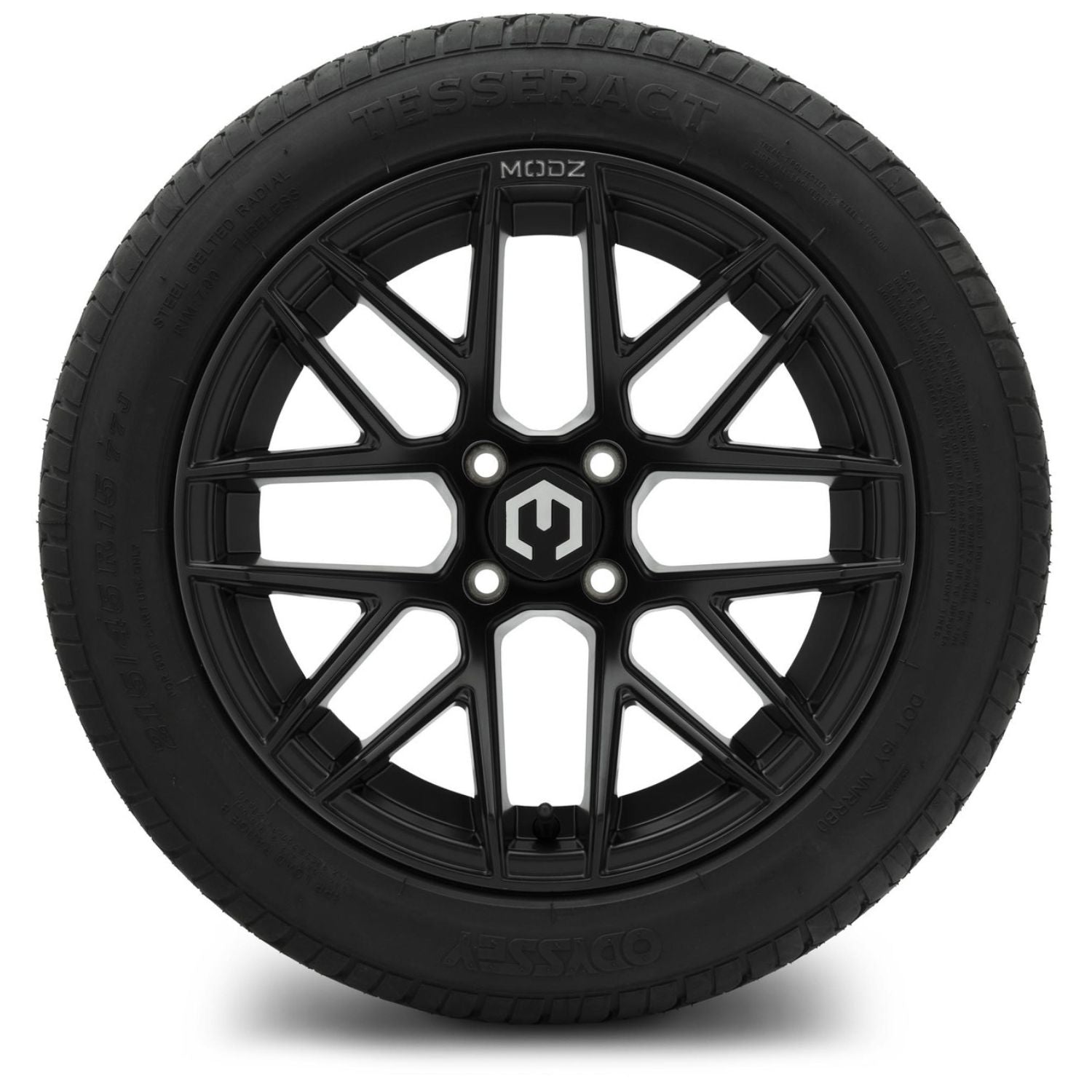 MODZ® 15" Matrix Matte Black Wheels & Street Tires Combo (Odyssey Tesseract Steel-Belted Radial 215/45-R15)