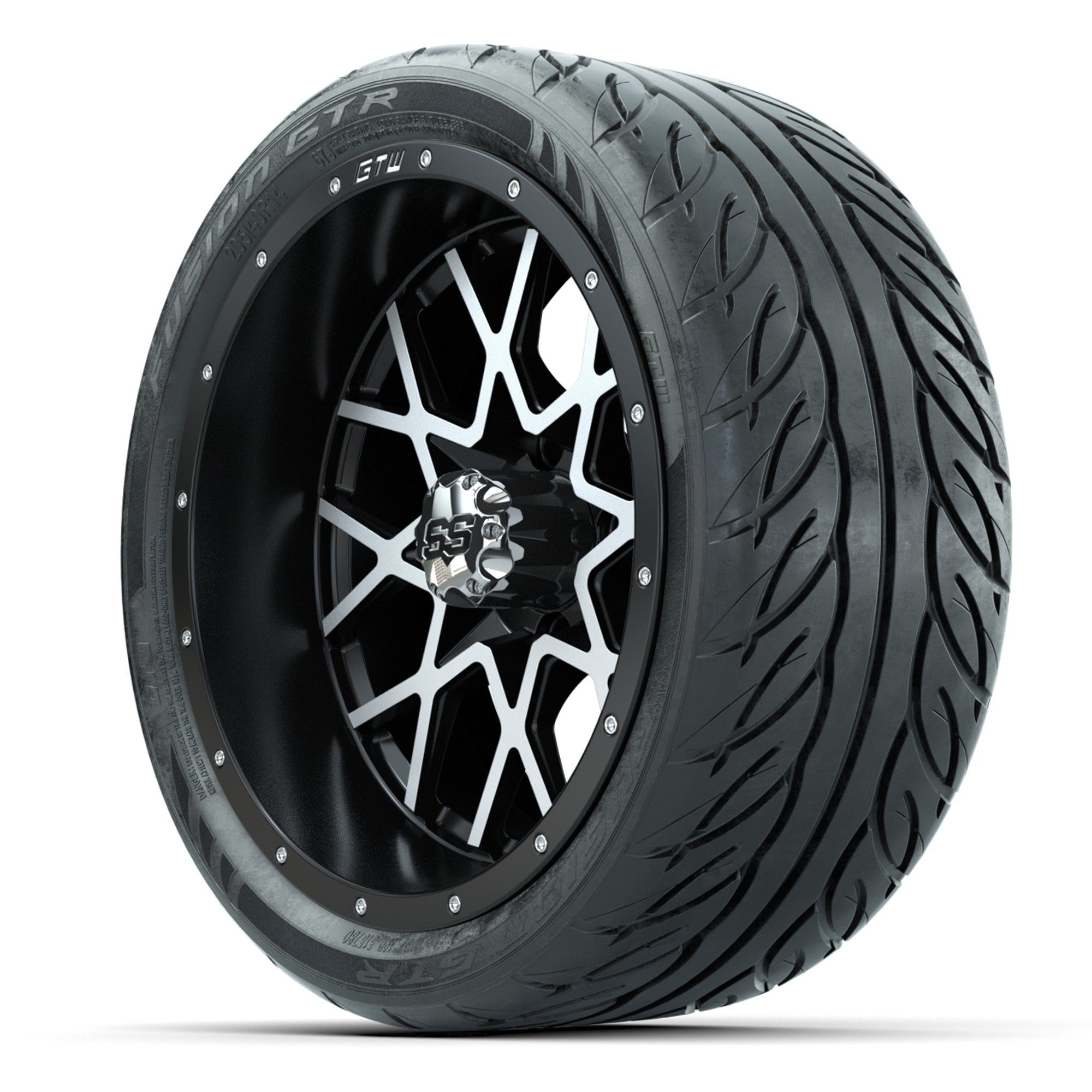 Set of (4) 14 in GTW Vortex Wheels with 225/30-14 Mamba Stre - 3/4 view