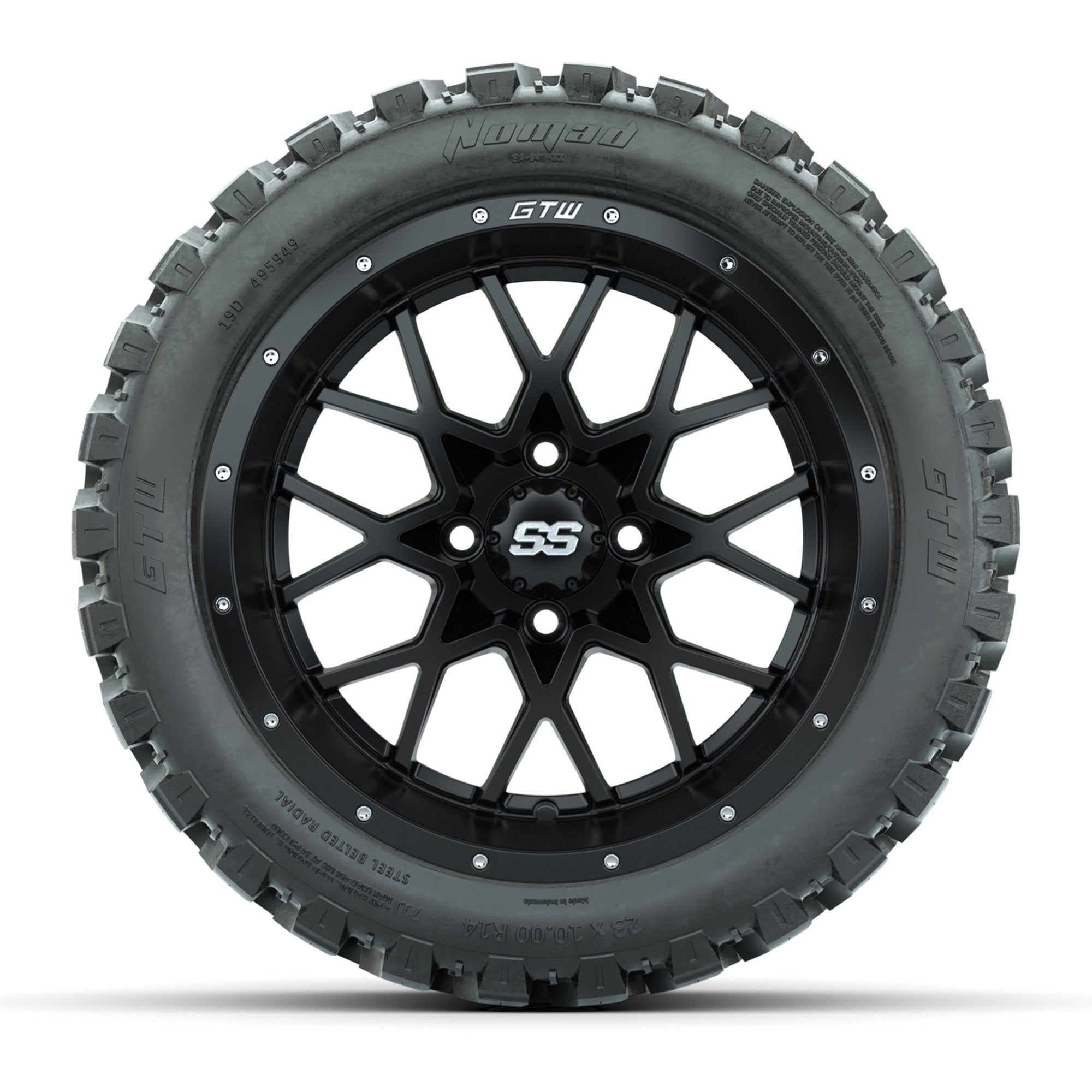 Set of (4) 14 in GTW Vortex Wheels with 23x10-14 GTW Nomad A - 3/4 view