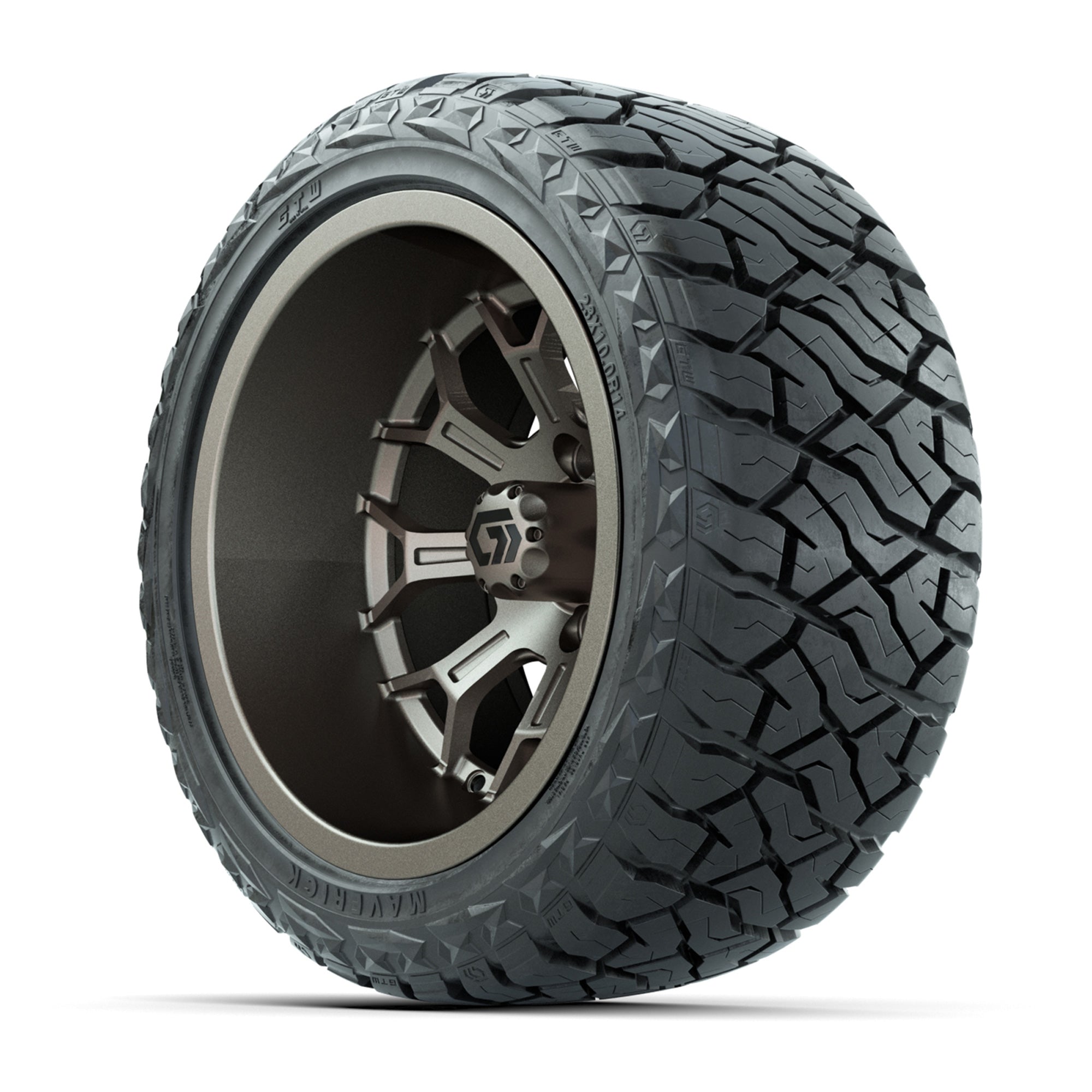 GTW Assault Matte Bronze 14 in Wheels with 23X10-R14 Maverick Steel Belted Radial All-Terrain Tires – Full Set