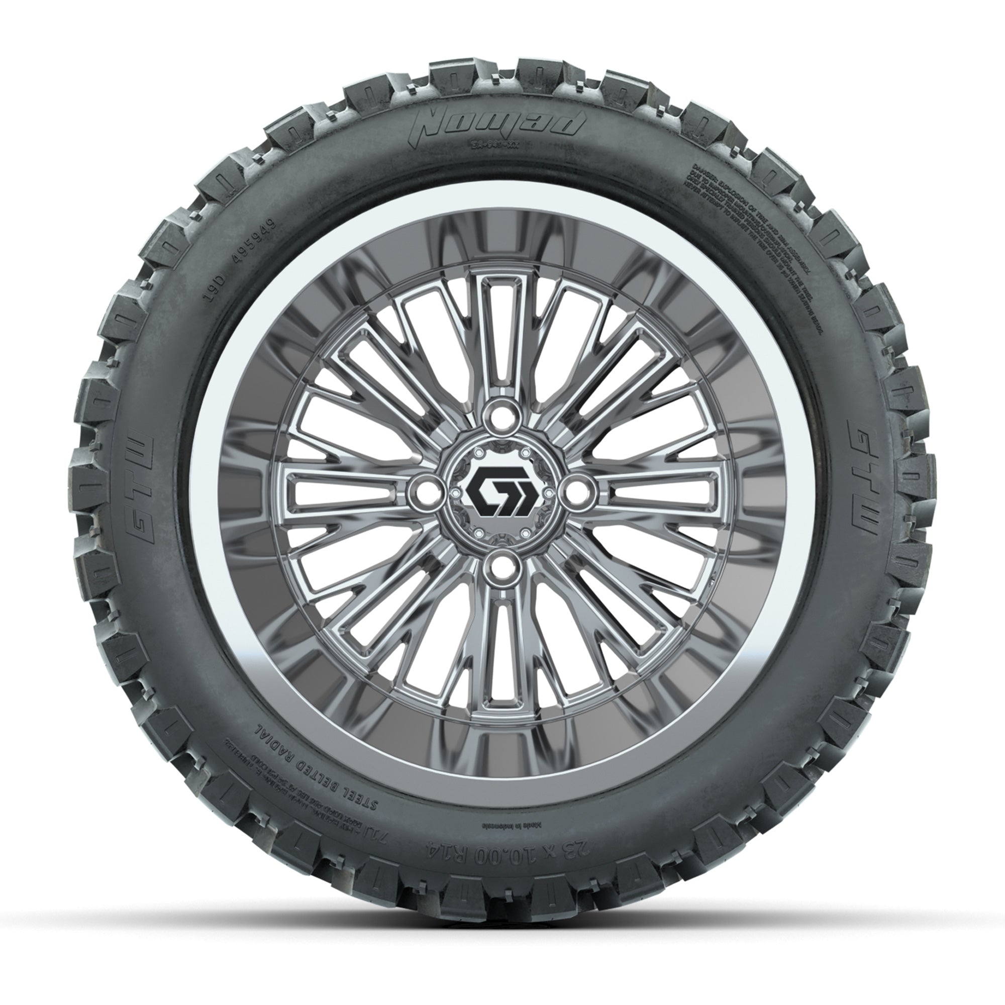 GTW Viper Chrome 14 in Wheels with 23X10-R14 Nomad Steel Belt Radial All-Terrain Tires – Full Set