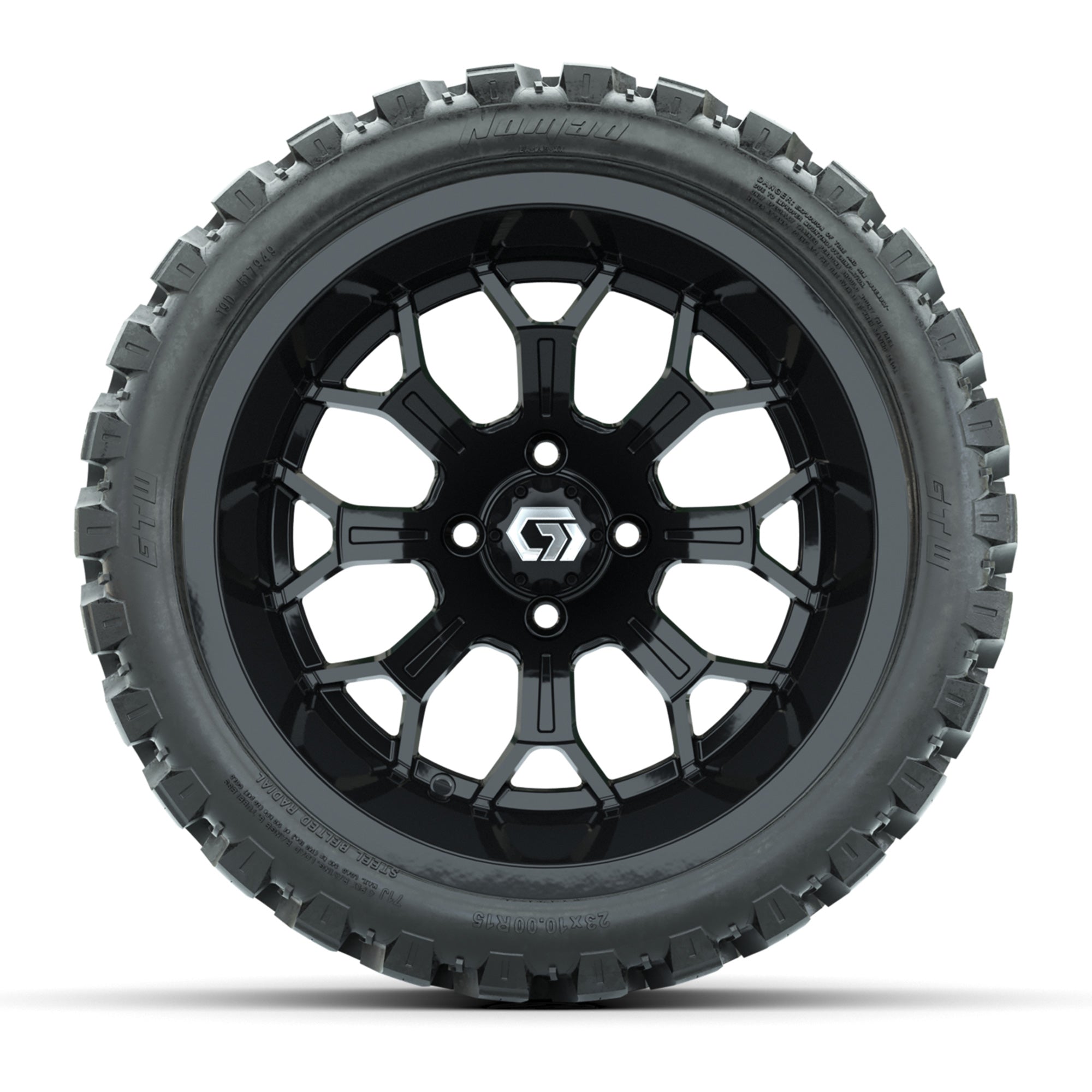 GTW Assault Gloss Black 15 in Wheels with 23X10-R15 Nomad Steel Belted Radial All-Terrain Tires – Full Set