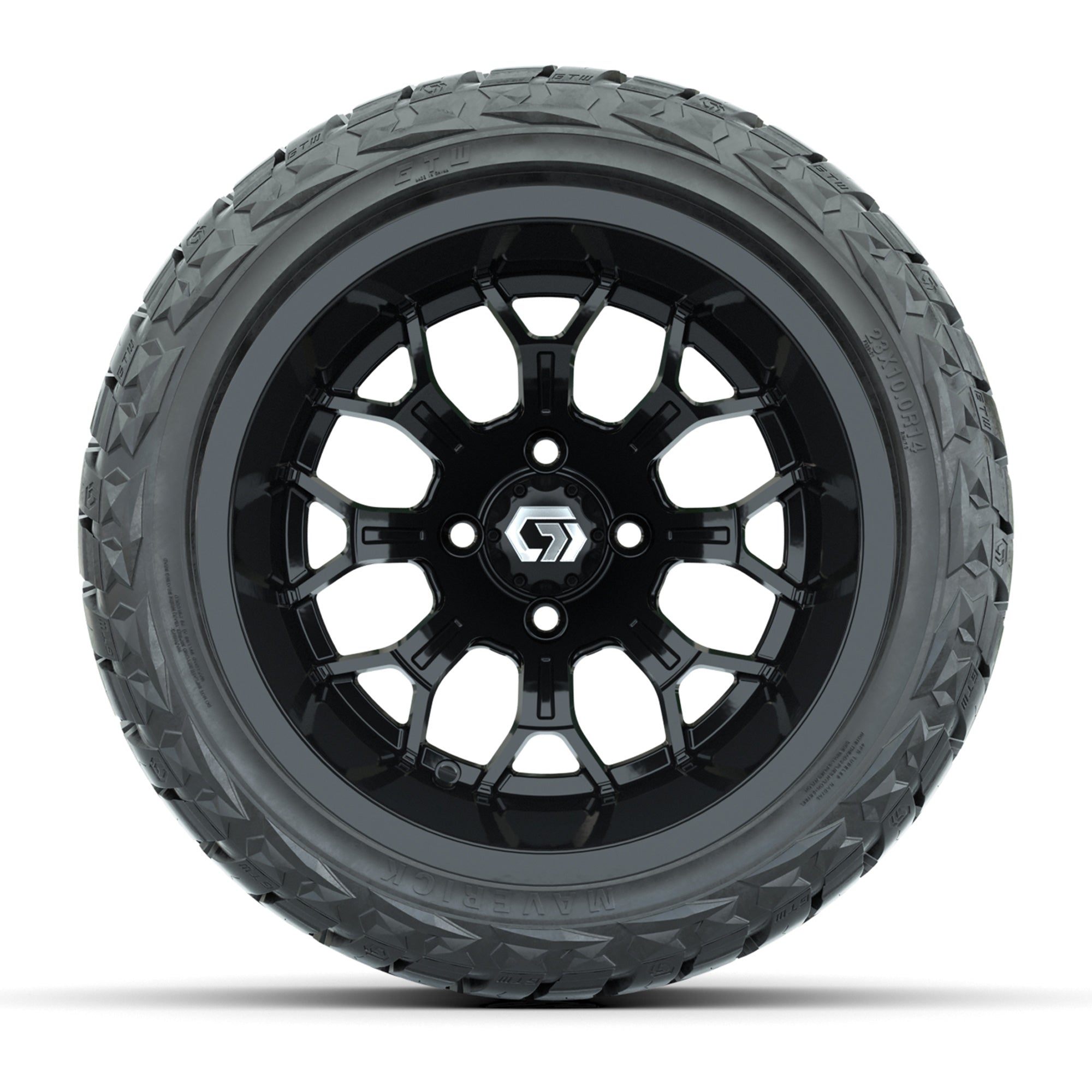 GTW Assault Gloss Black 14 in Wheels with 23X10-R14 Maverick Steel Belted Radial All-Terrain Tires – Full Set