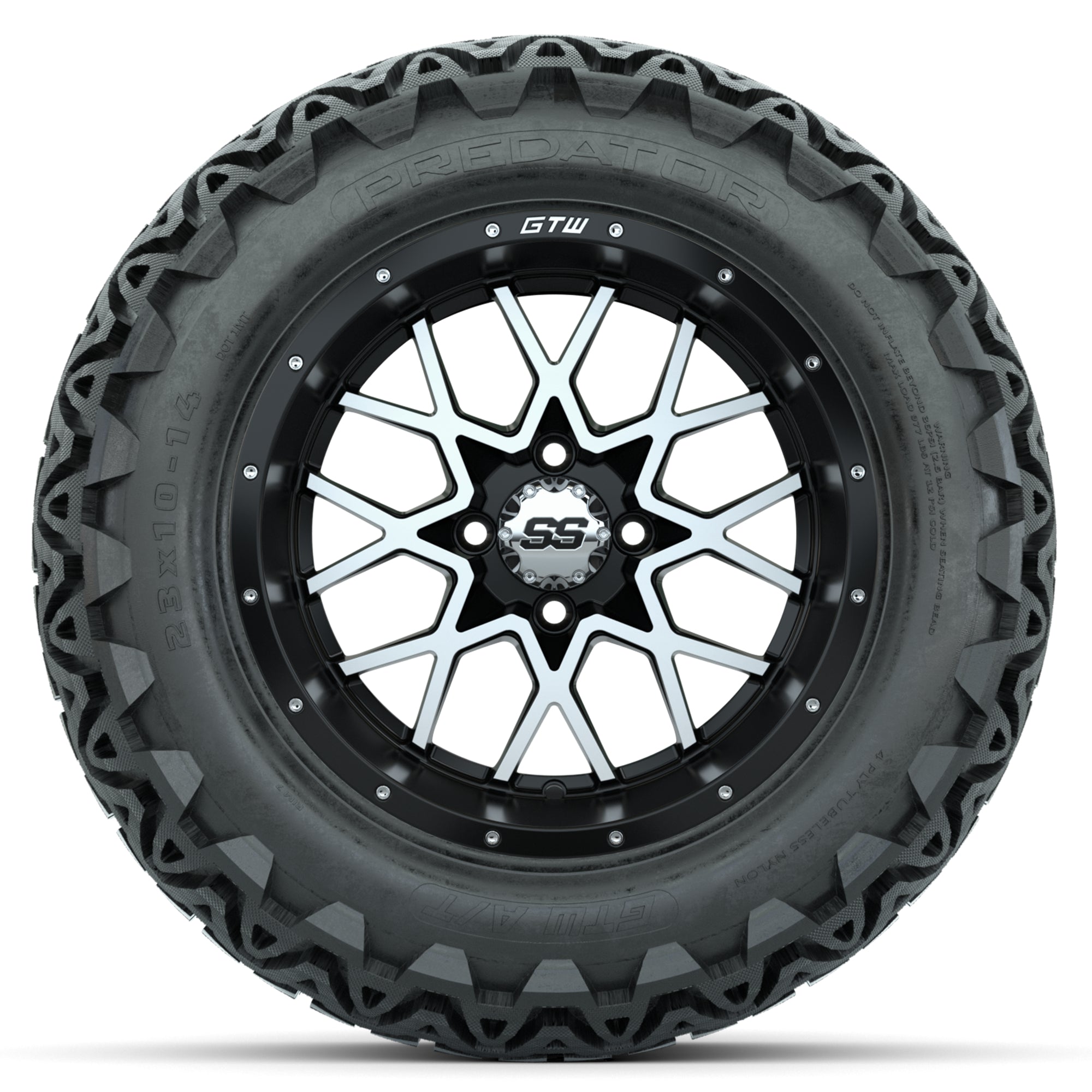 Set of (4) 14 in GTW Vortex Wheels with 23x10-14 GTW Predato - 3/4 view
