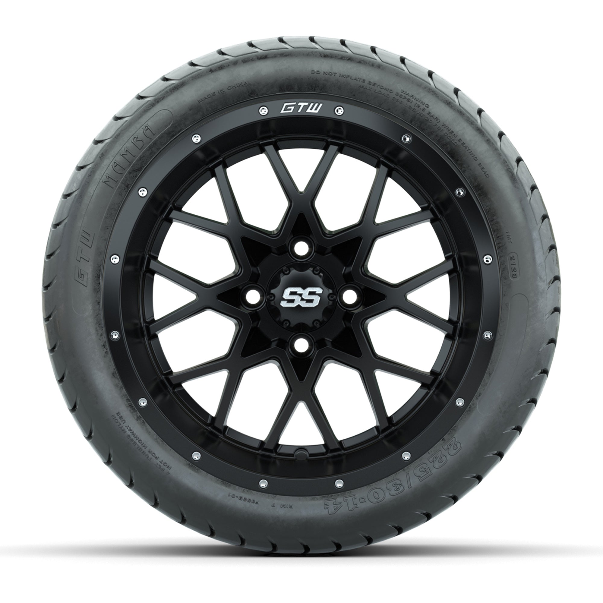 Set of (4) 14 in GTW Vortex Wheels with 225/30-14 Mamba Stre - 3/4 view