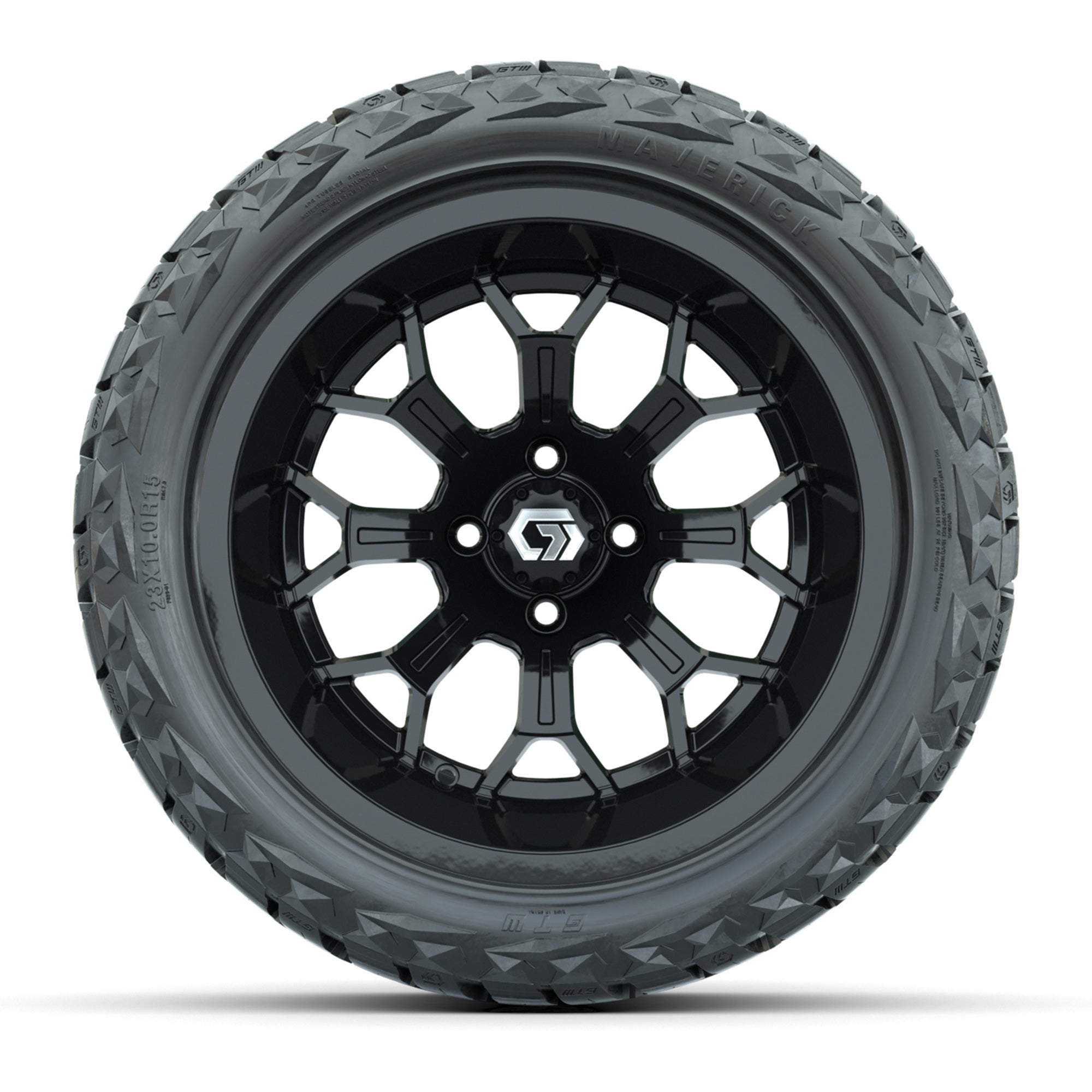 GTW Assault Gloss Black 15 in Wheels with 23X10-R15 Maverick Steel Belted Radial All-Terrain Tires – Full Set