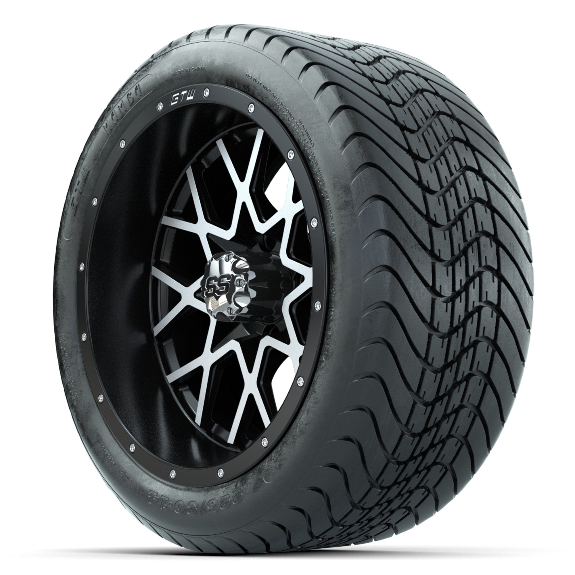 Set of (4) 14 in GTW Vortex Wheels with 225/30-14 Mamba Stre - 3/4 view