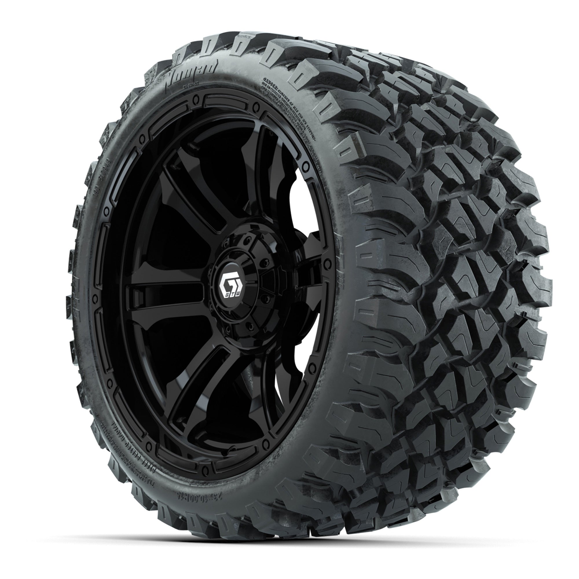 GTW® Shogun Gloss Black 15 in Wheels with 23x10-R15 Nomad St - 3/4 view