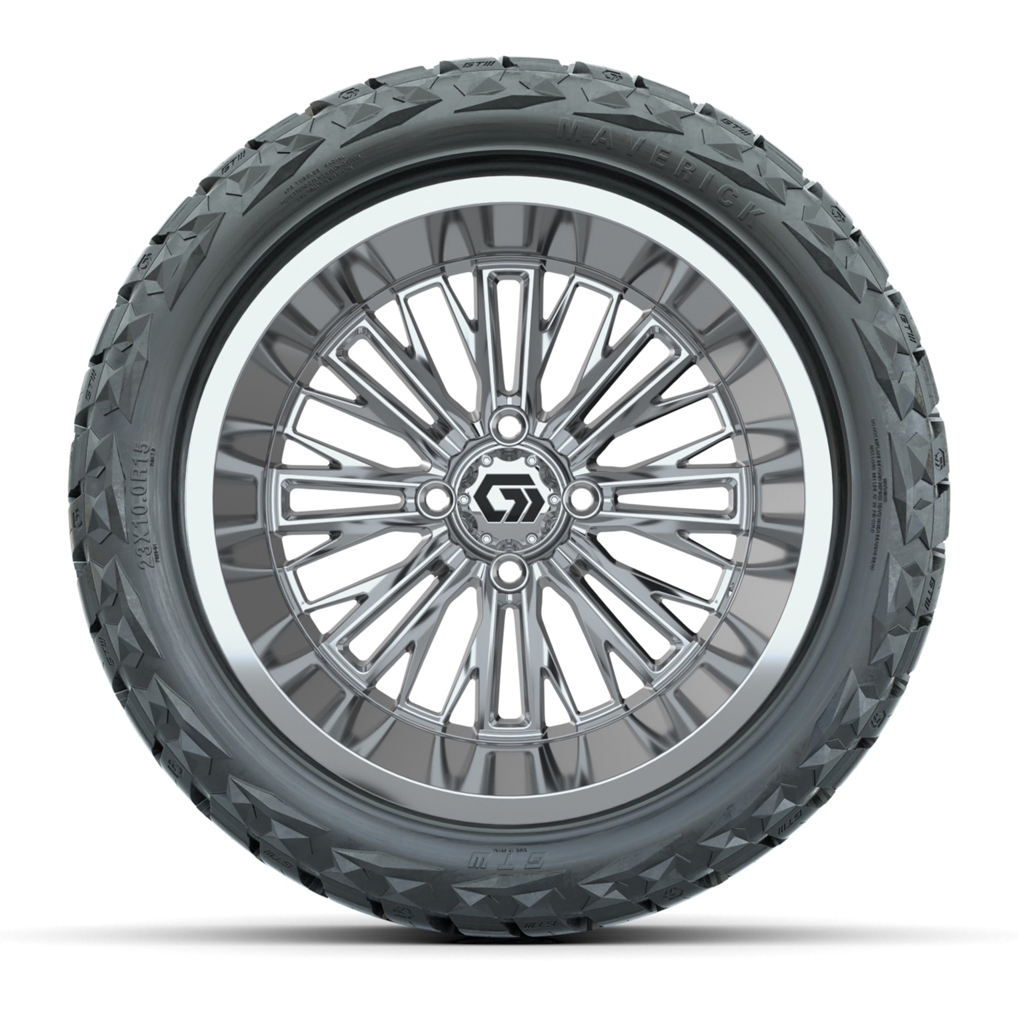 GTW Viper Chrome 15 in Wheels with 23X10-R15 Maverick Steel Belted Radial All-Terrain Tires – Full Set