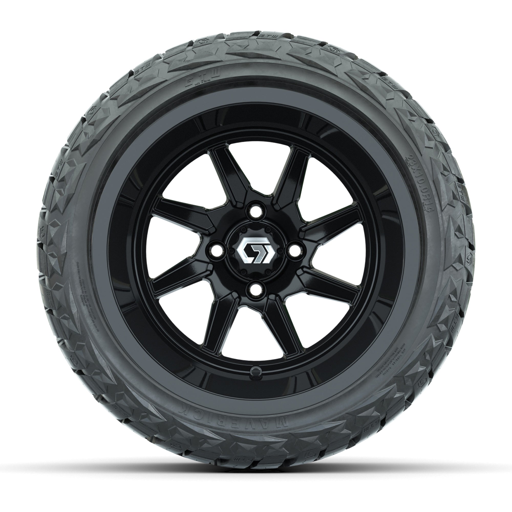 GTW Reaper Gloss Black 14 in Wheels with 23X10-R14 Maverick Steel Belted Radial All-Terrain Tires – Full Set