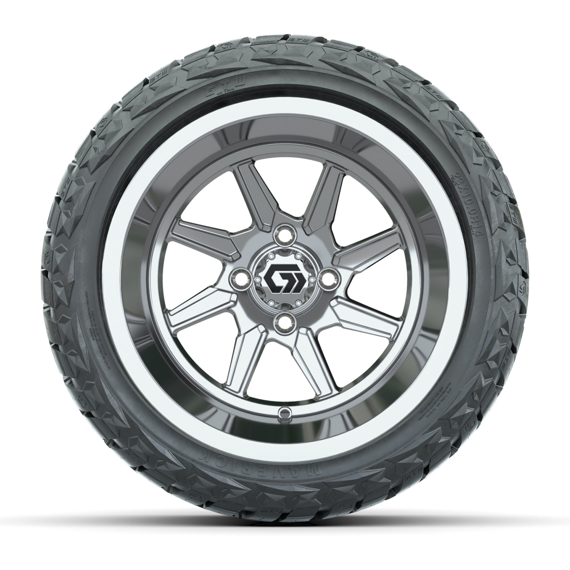 GTW Reaper Chrome 14 in Wheels with 23X10-R14 Maverick Steel Belted Radial All-Terrain Tires – Full Set