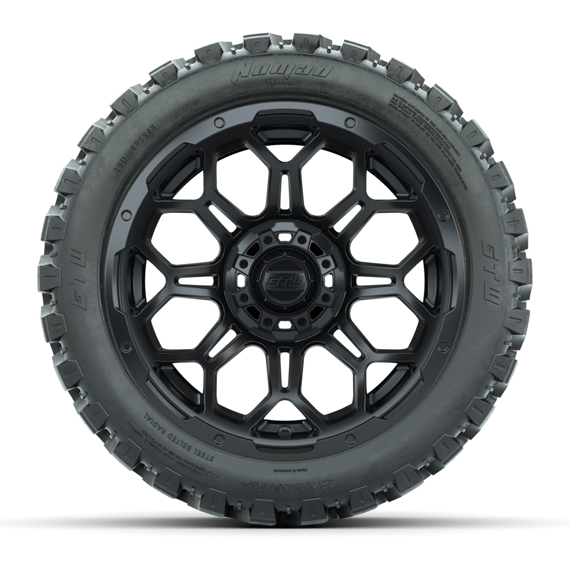 Set of (4) 14 in GTW Bravo Wheels with 23x10-14 GTW Nomad Al - 3/4 view