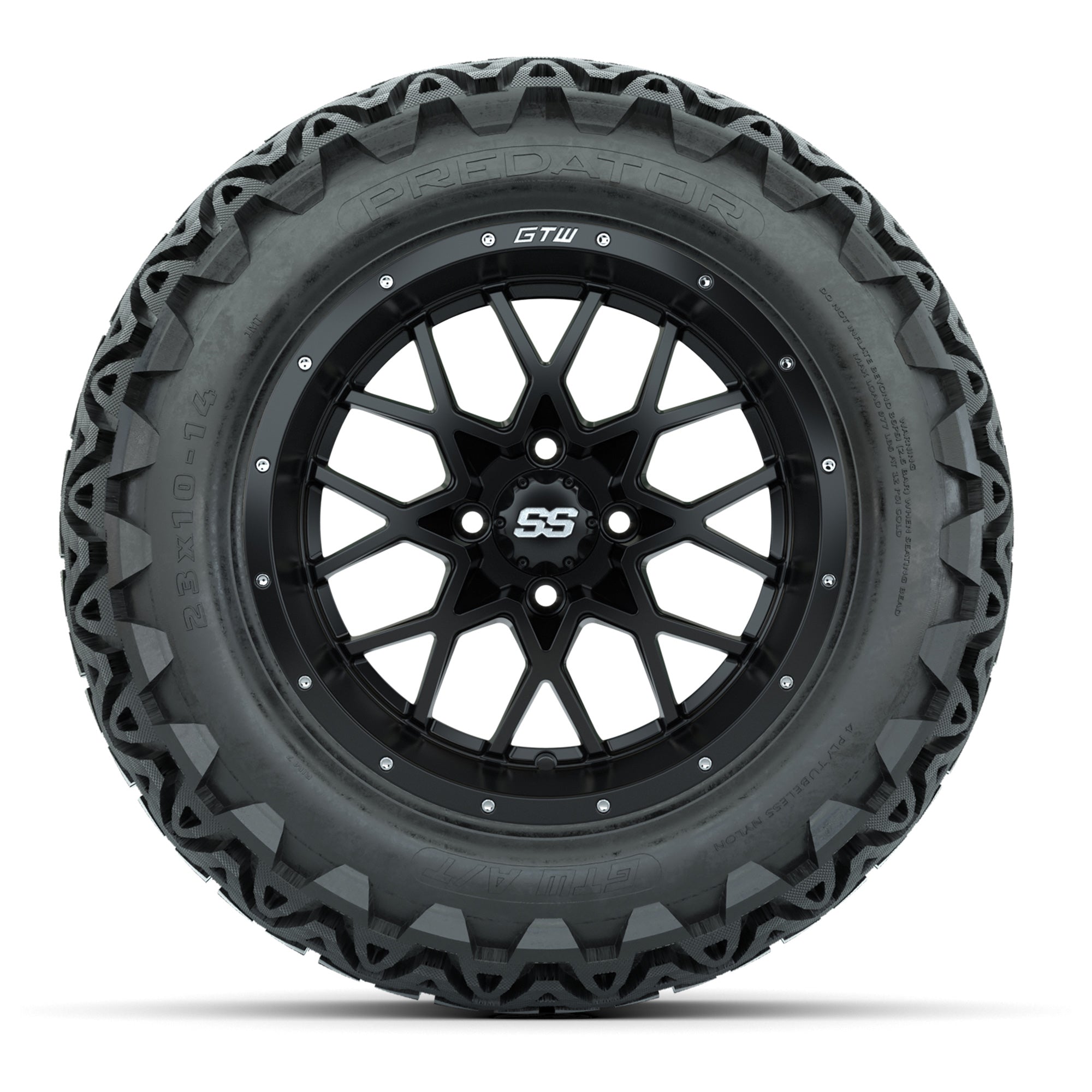 Set of (4) 14 in GTW Vortex Wheels with 23x10-14 GTW Predato - 3/4 view