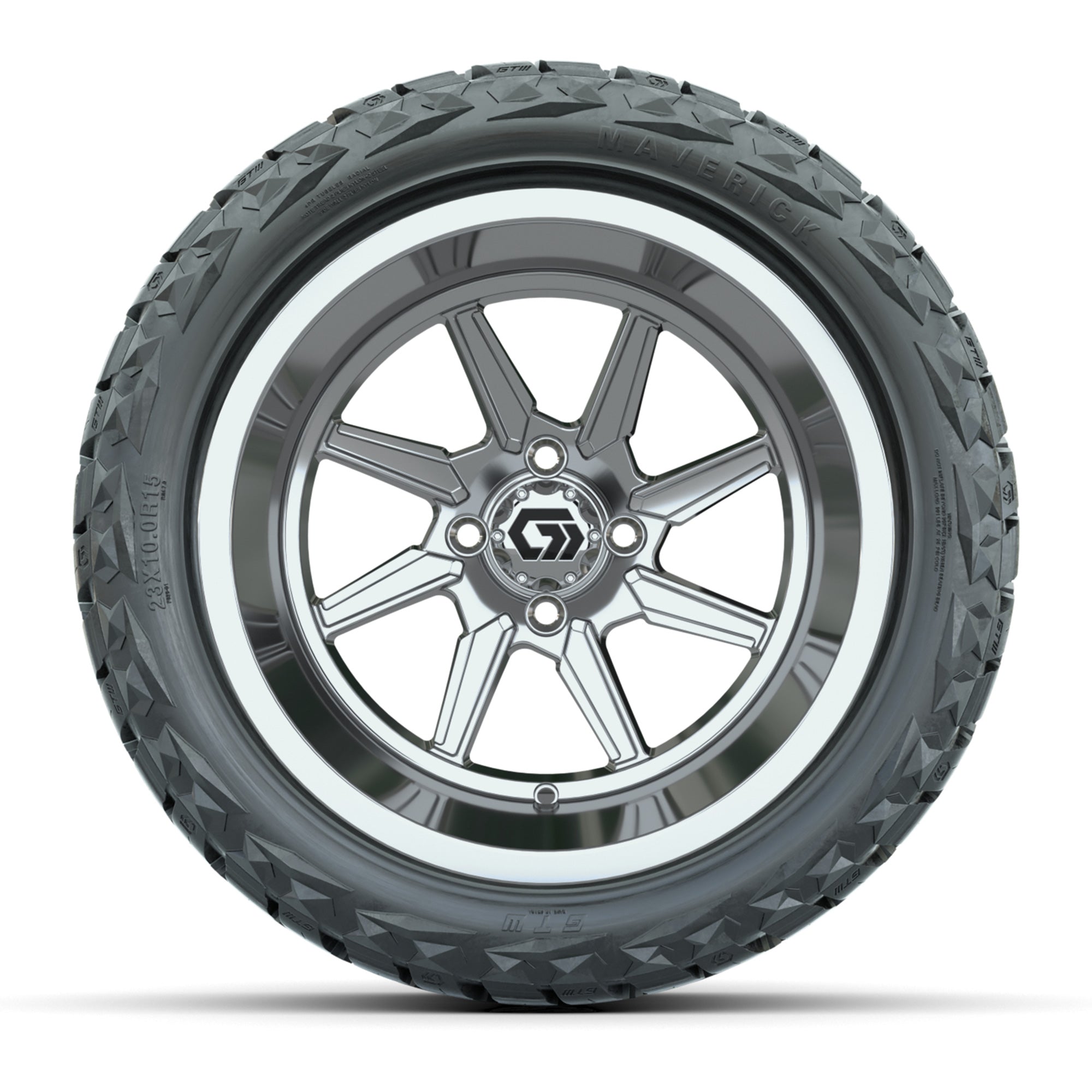 GTW Reaper Chrome 15 in Wheels with 23X10-R15 Maverick Steel Belted Radial All-Terrain Tires – Full Set