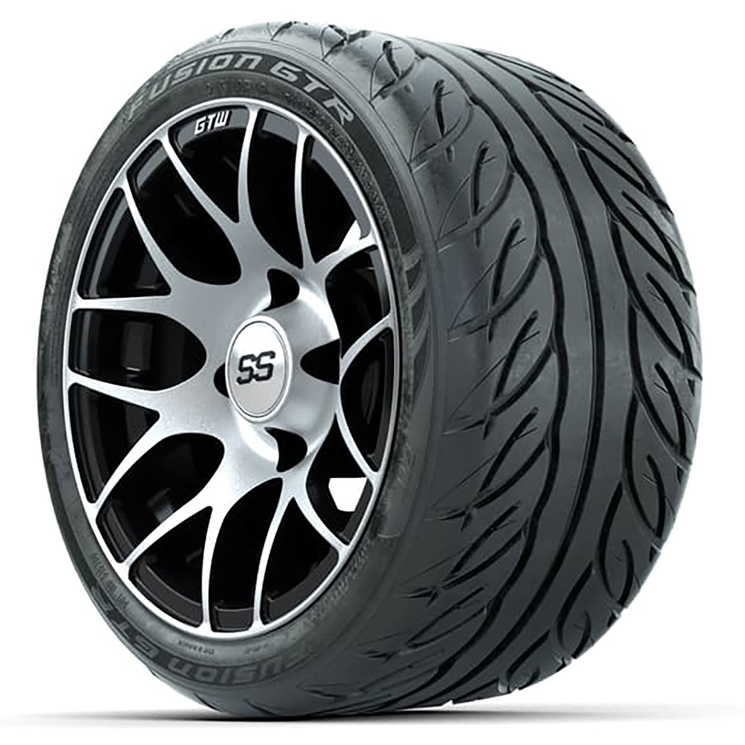 GTW 12 inch Pursuit machined black wheels with Fusion GTR street tires - Set of Four