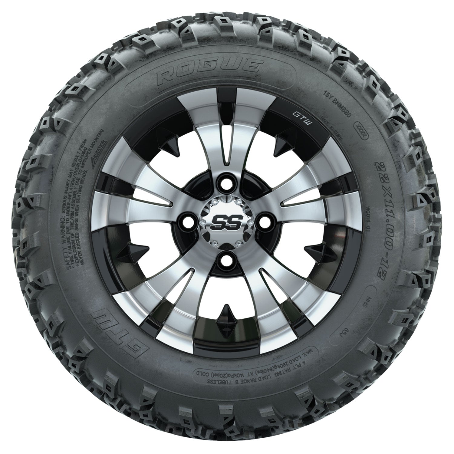 GTW 12 inch Vampire machined black wheels with Rogue all-terrain tires - Set of Four
