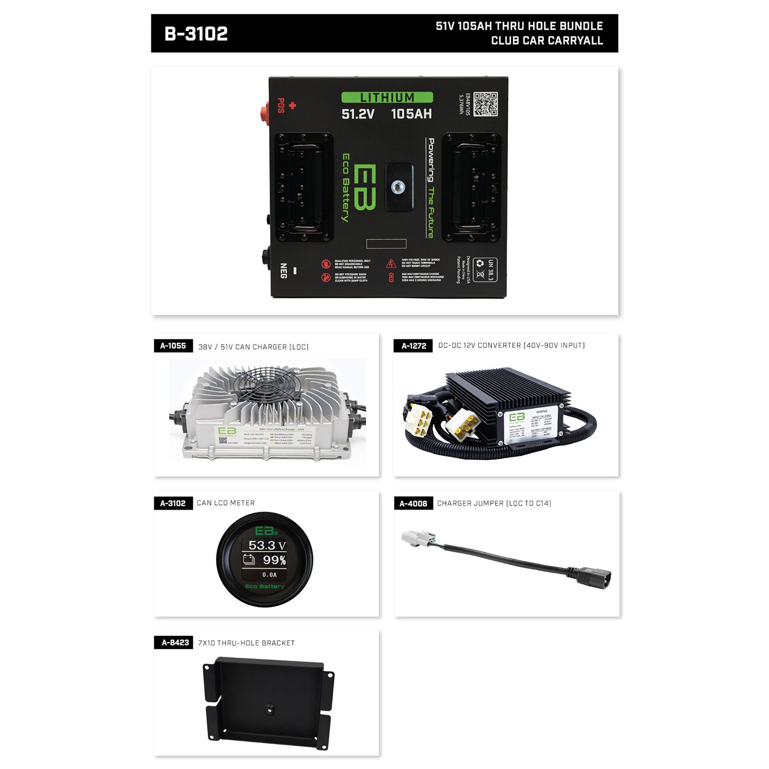 Club Car Carryall Eco Lithium 51v 105Ah Battery Bundle - Thru Hole