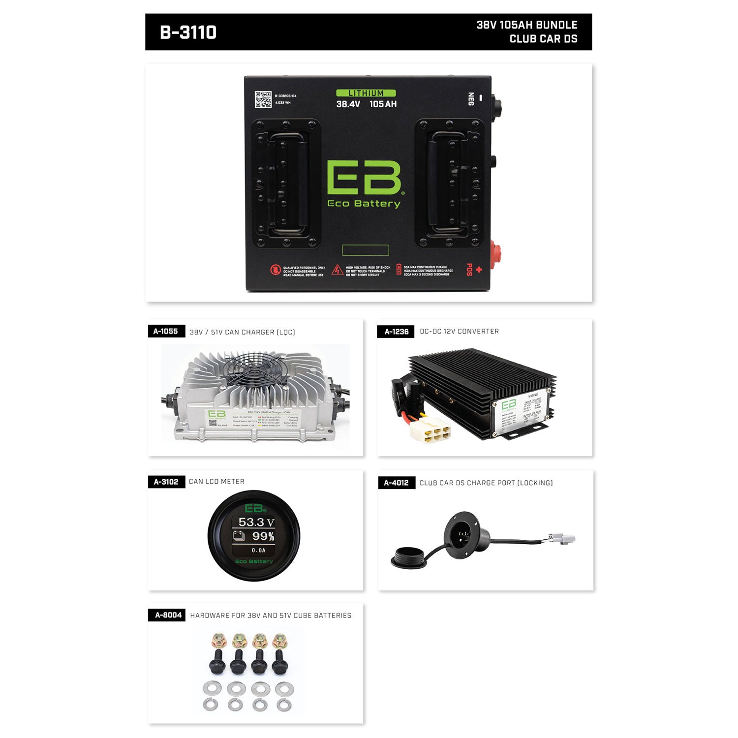 Club Car DS (36V) Eco Lithium 38V 105Ah Battery Bundle - Cube