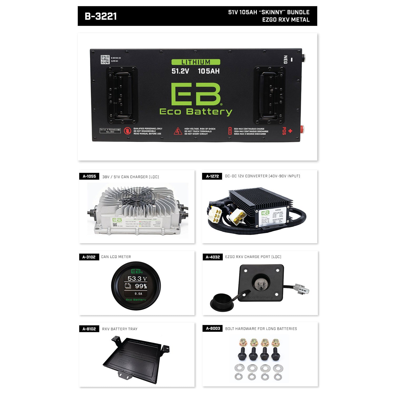 EZGO Freedom RXV with Metal Battery Tray Eco Lithium 51v 105Ah Battery Bundle - Skinny
