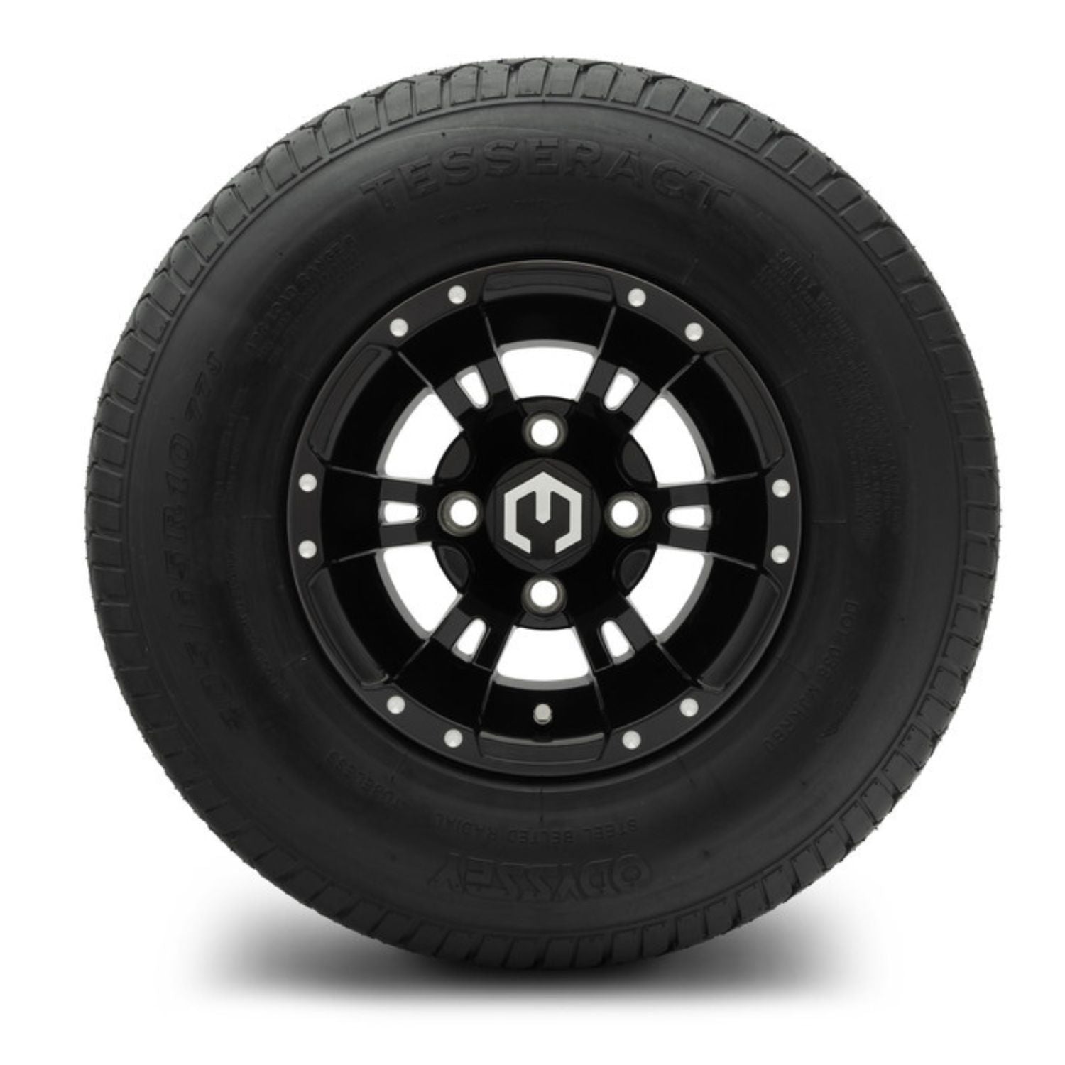 MODZ® 10" Ambush Glossy Black Wheels & Street Tires Combo (Odyssey Tesseract Steel-Belted Radial 205/65-R10)