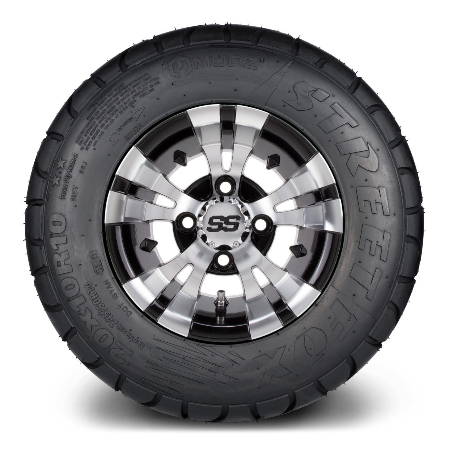 MODZ® 10" Vampire Machined Black Wheels & Street Tires Combo (MODZ Street Fox Radial 20x10-10)