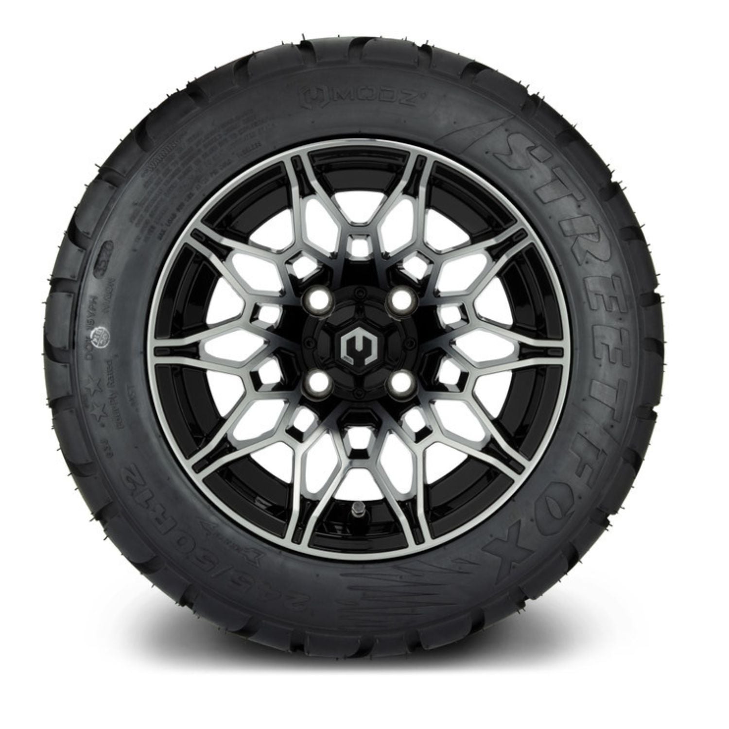 MODZ® 12" Galaxy Machined Black Wheels & Street Tires Combo (MODZ Street Fox Radial 245/50-12)