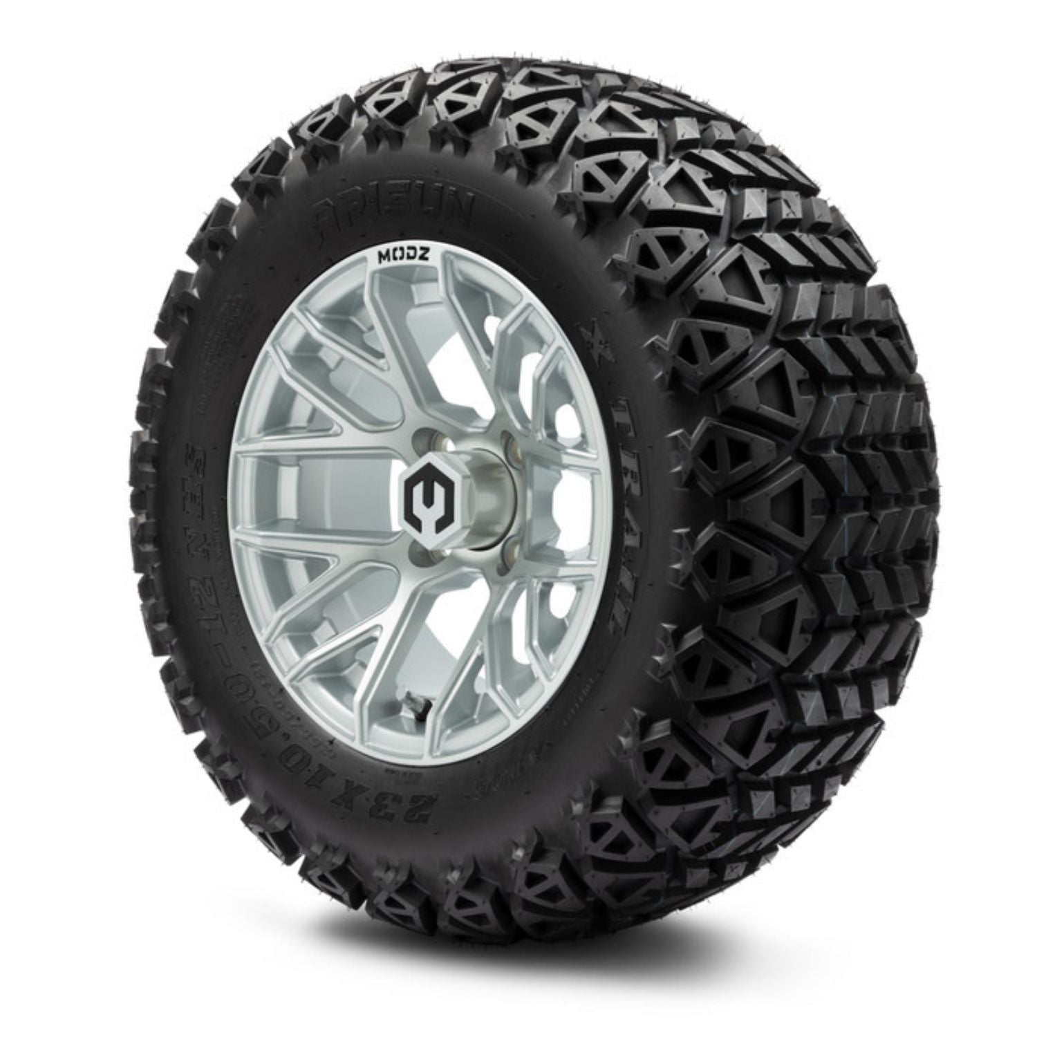 MODZ® 12" Matrix Silver Wheels & Off-Road Tires Combo (Arisun X-Trail All-Terrain 23x10.50-12)
