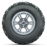 GTW® Spyder Silver Brush 12 in Wheels with 25X10-12 Barrage Mud Tires – Full Set
