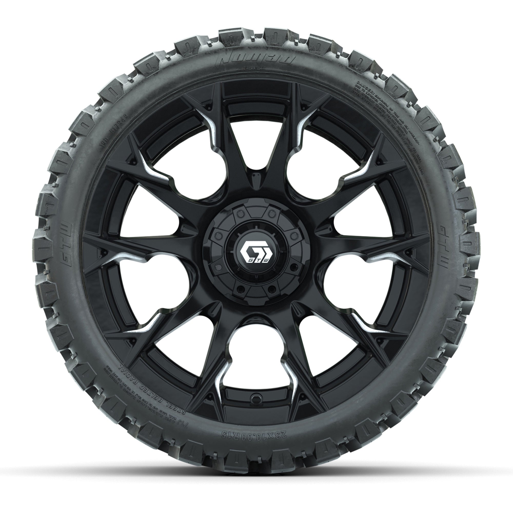GTW® Diablo Gloss Black/Machined 15 in Wheels with 23x10-R15 - 3/4 view