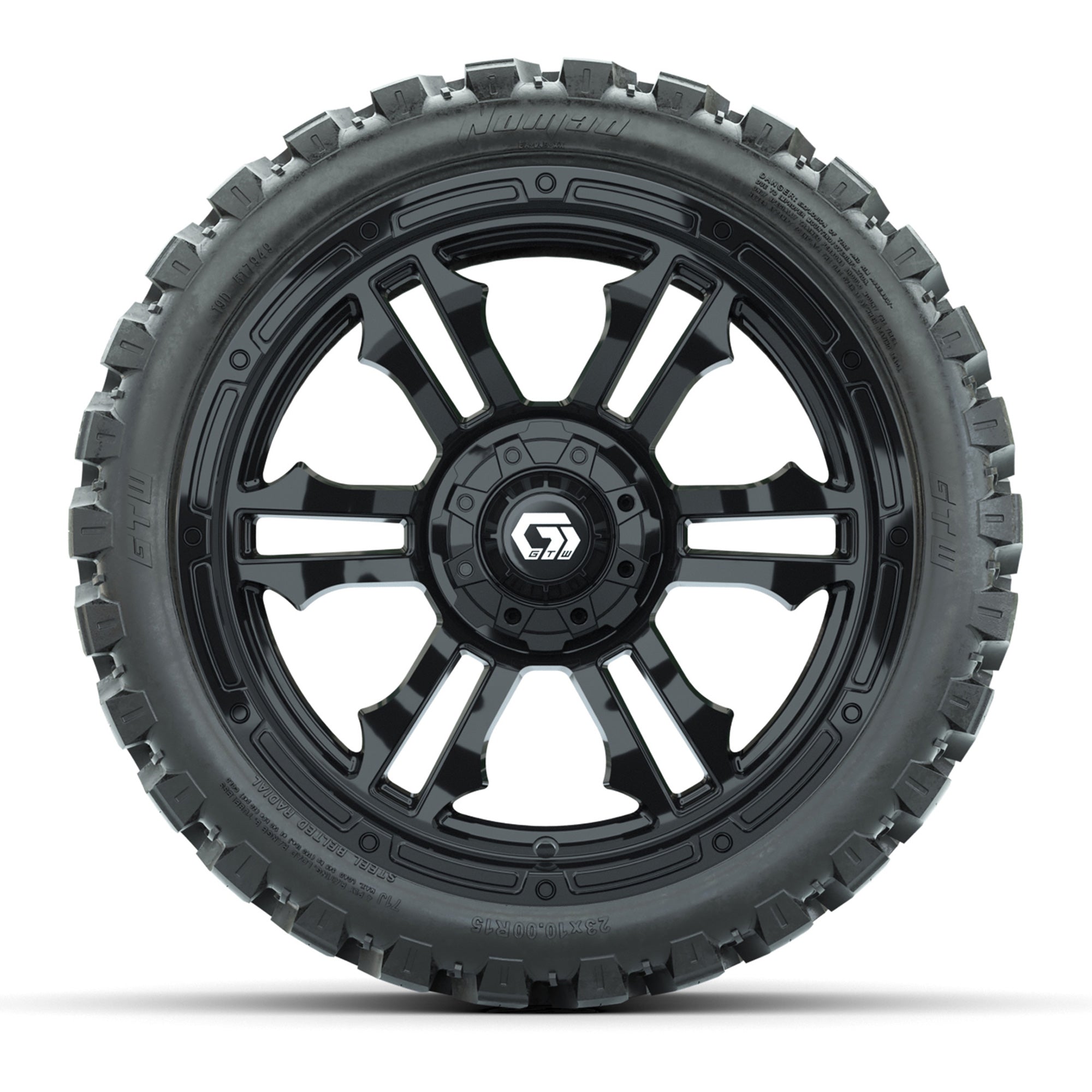 GTW® Shogun Gloss Black 15 in Wheels with 23x10-R15 Nomad St - 3/4 view