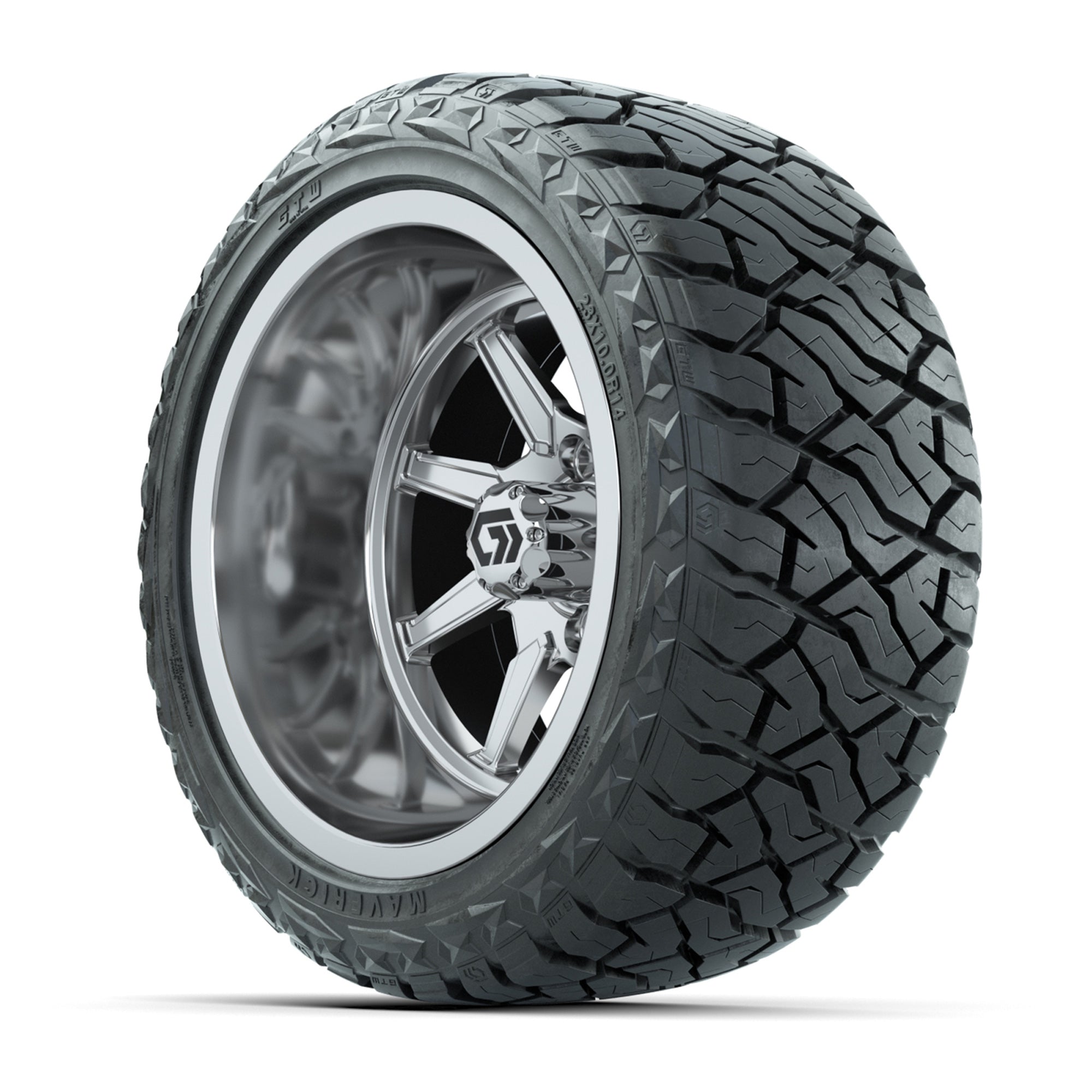 GTW Reaper Chrome 14 in Wheels with 23X10-R14 Maverick Steel Belted Radial All-Terrain Tires – Full Set