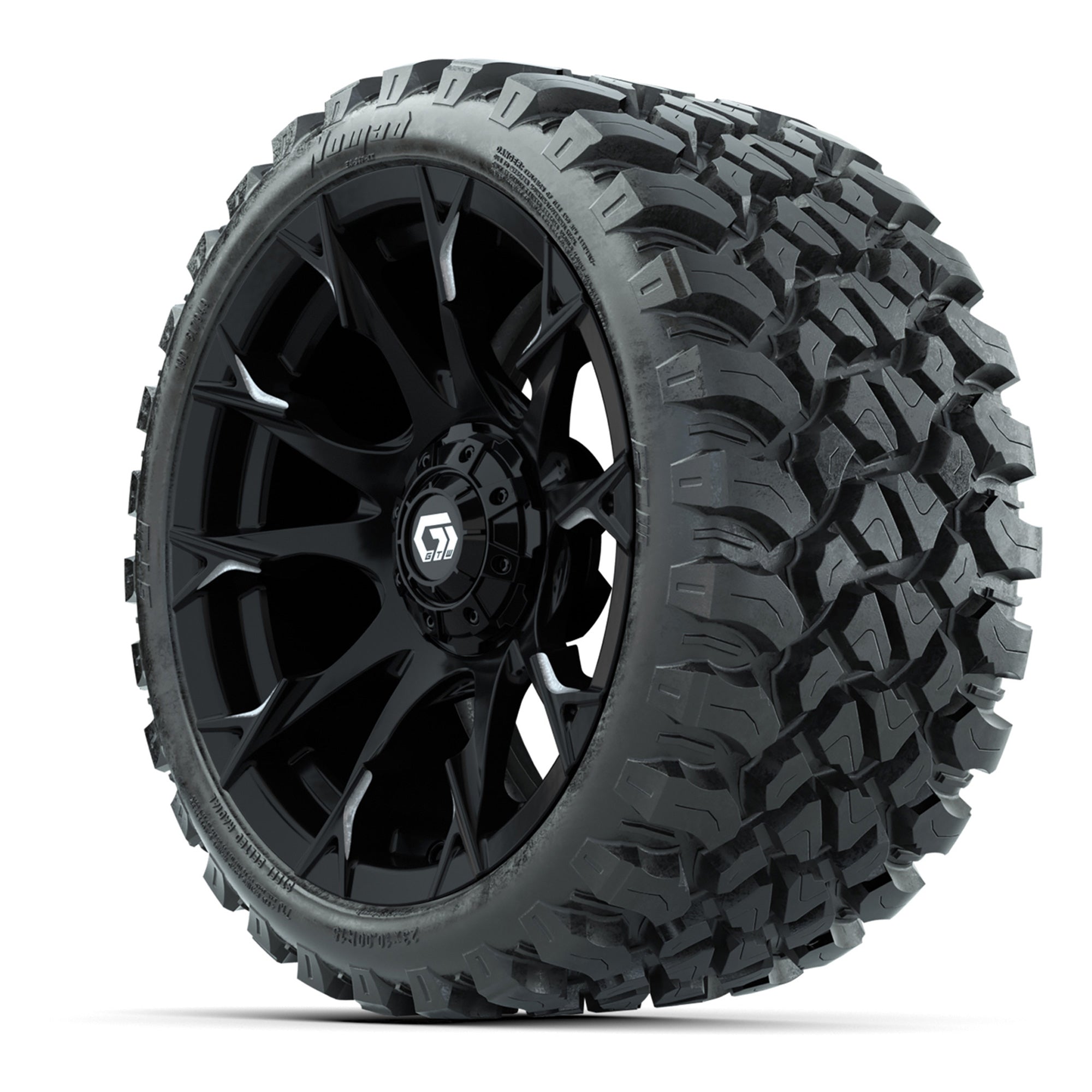 GTW® Diablo Gloss Black/Machined 15 in Wheels with 23x10-R15 - 3/4 view