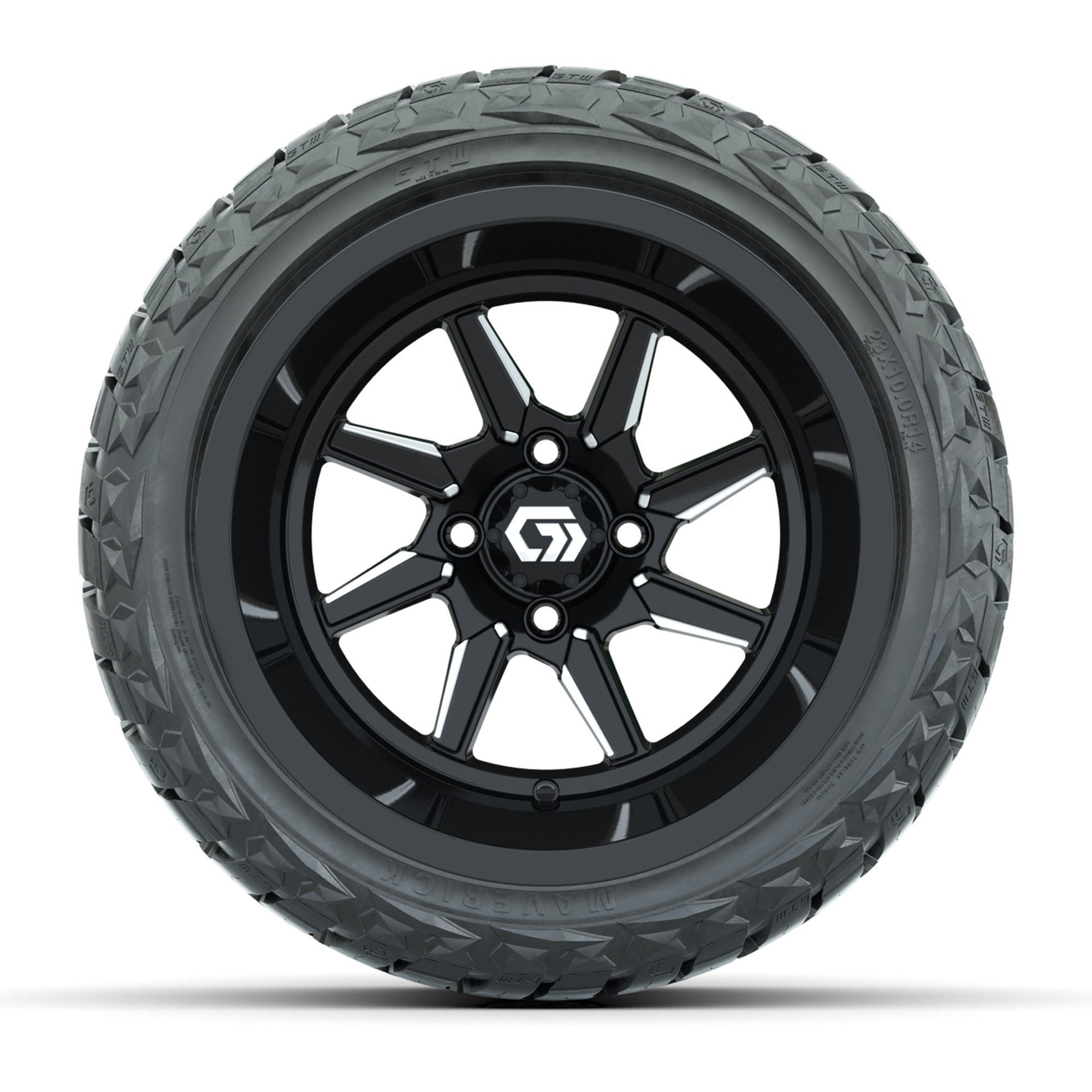GTW Reaper Black/Machined 14 in Wheels with 23X10-R14 Maverick Steel Belted Radial All-Terrain Tires – Full Set