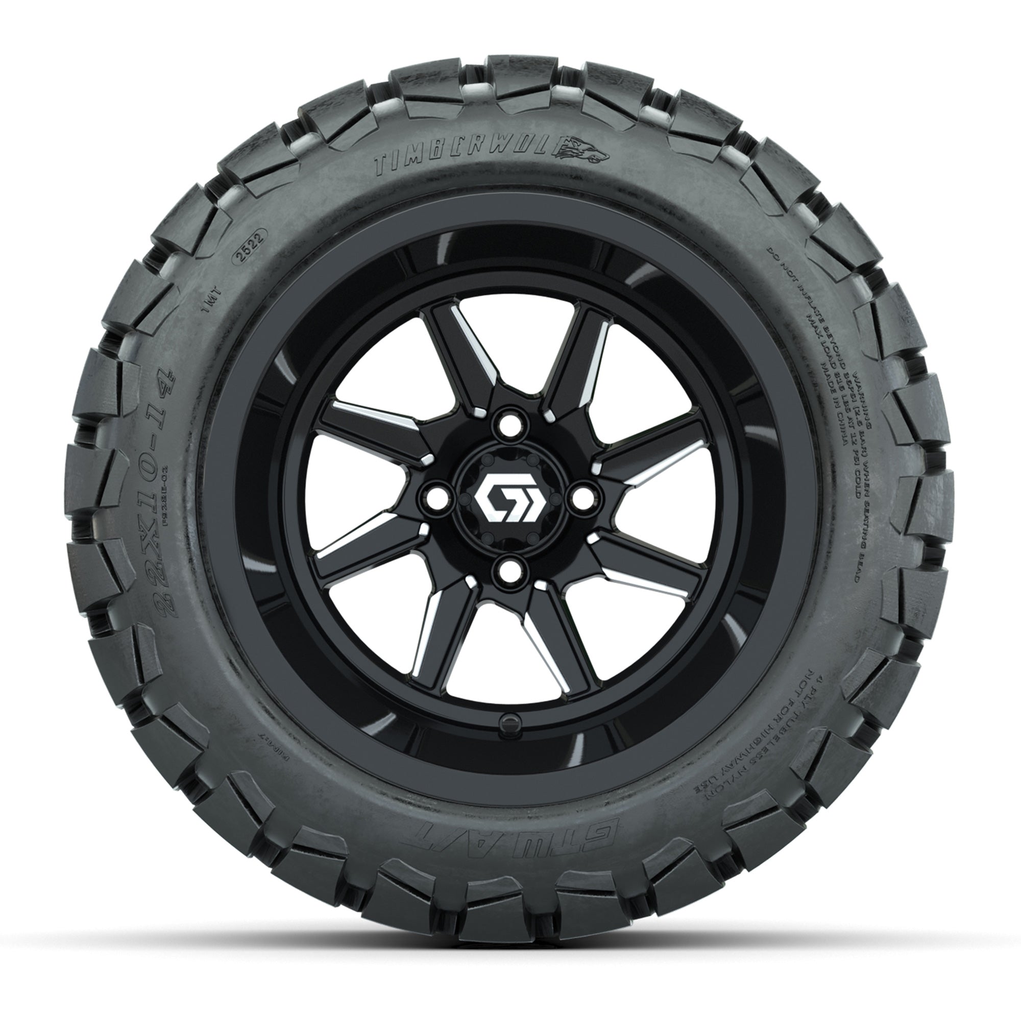 GTW Reaper Black/Machined 14 in Wheels with 22X10-14 Timberwolf All-Terrain Tires – Full Set