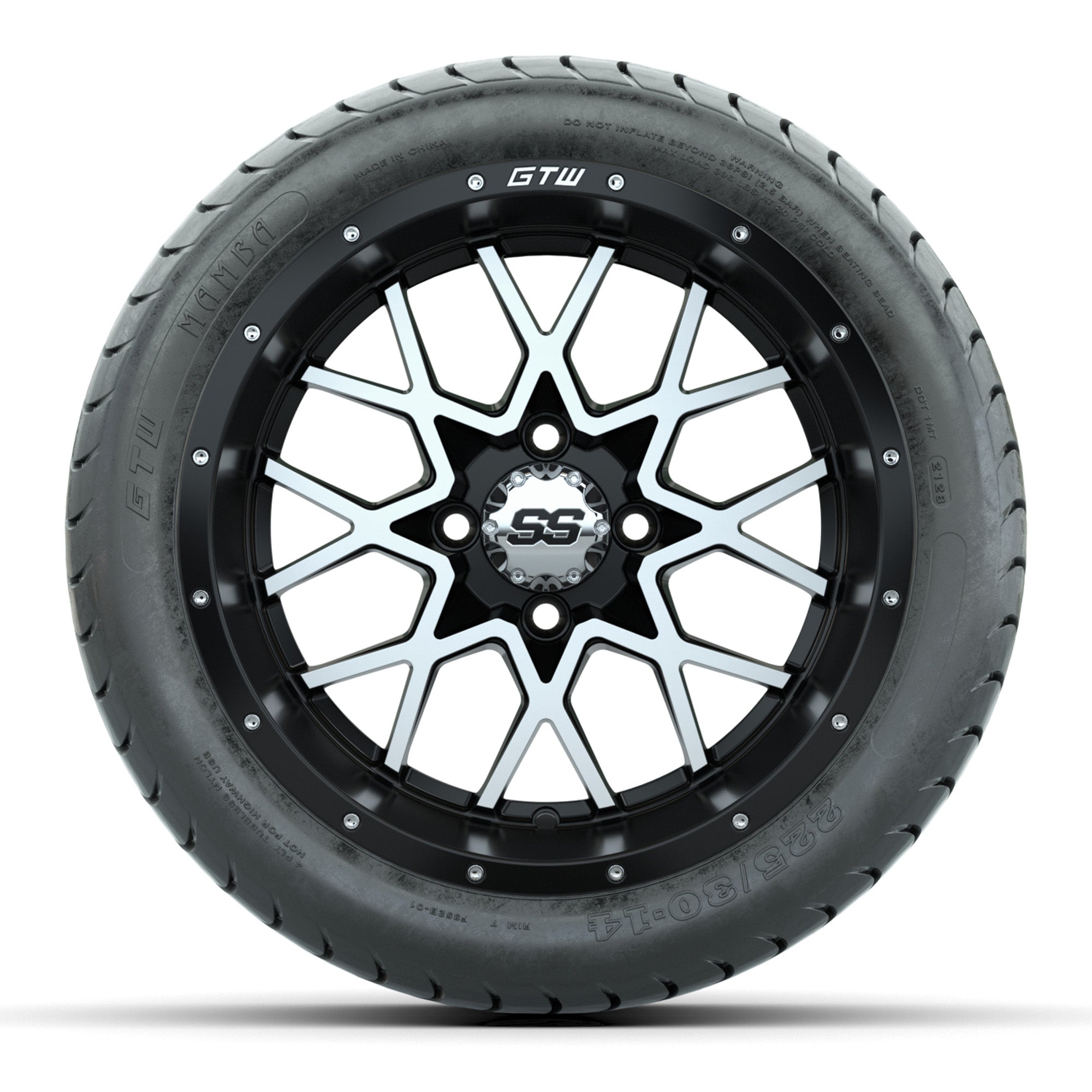 Set of (4) 14 in GTW Vortex Wheels with 225/30-14 Mamba Stre - 3/4 view