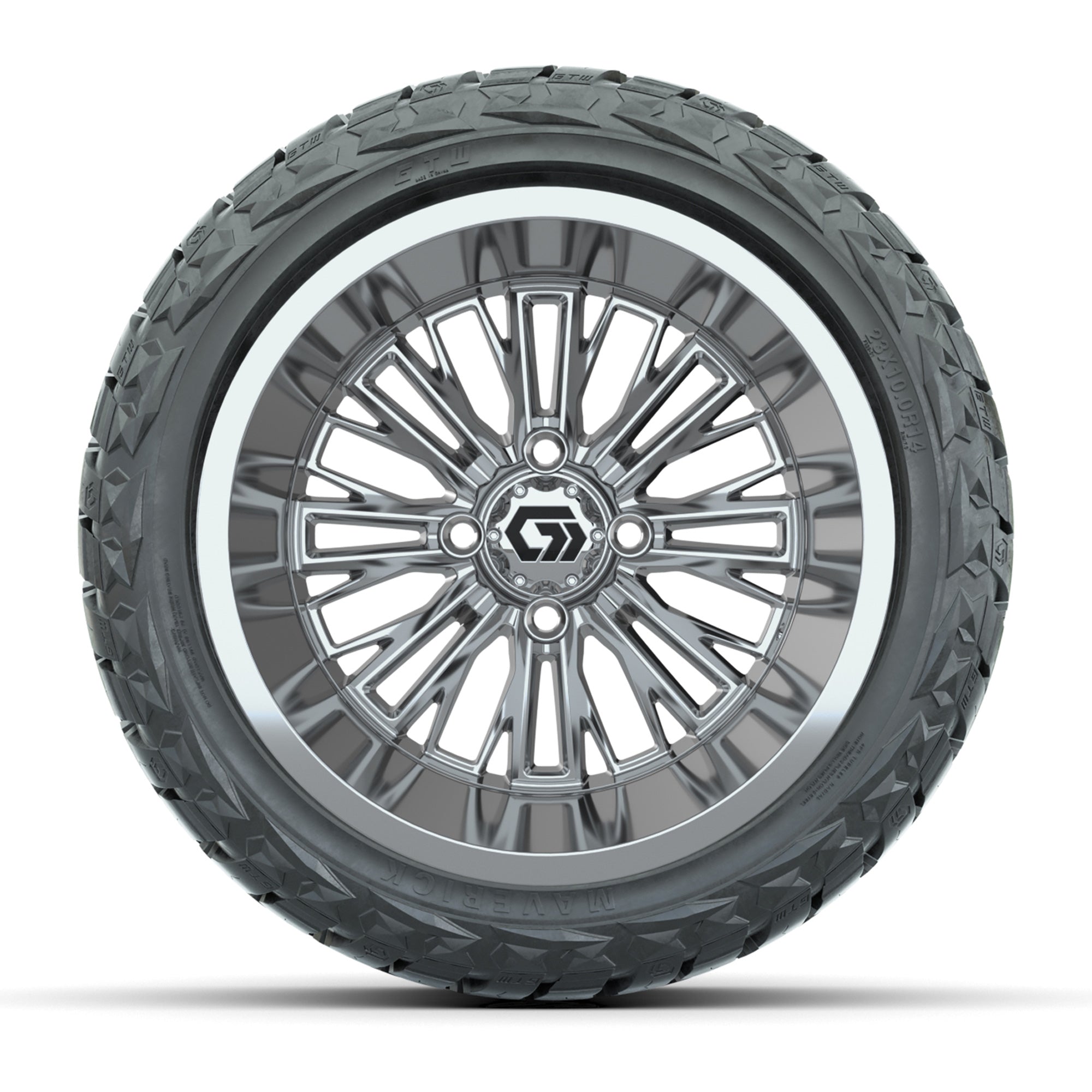 GTW Viper Chrome 14 in Wheels with 23X10-R14 Maverick Steel Belted Radial All-Terrain Tires – Full Set