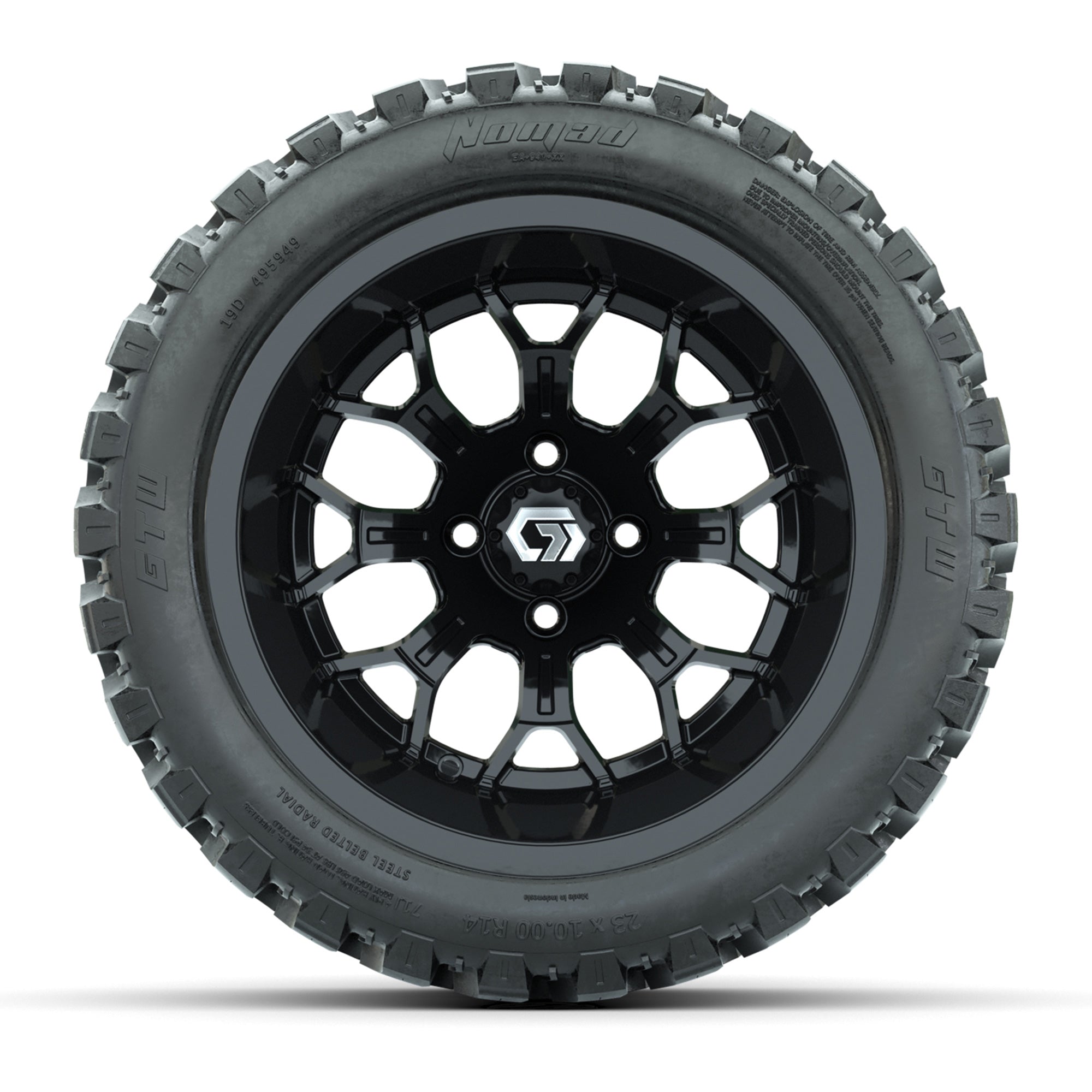 GTW Assault Gloss Black 14 in Wheels with 23X10-R14 Nomad Steel Belt Radial All-Terrain Tires – Full Set